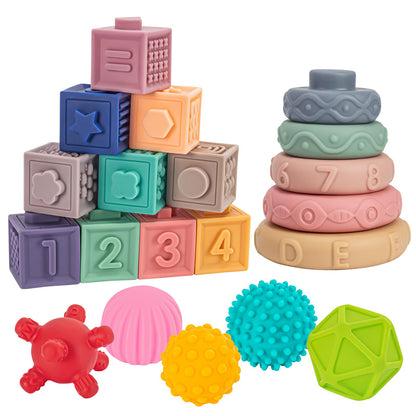 SpringFlower 3 in 1 Montessori Toys for Babies 0-3-6-12 Months, Soft Baby Teething, Stacking Building Blocks for Infants, Sensory Developmental Education Toys for Toddler Baby 12-18 Months,22 PCS