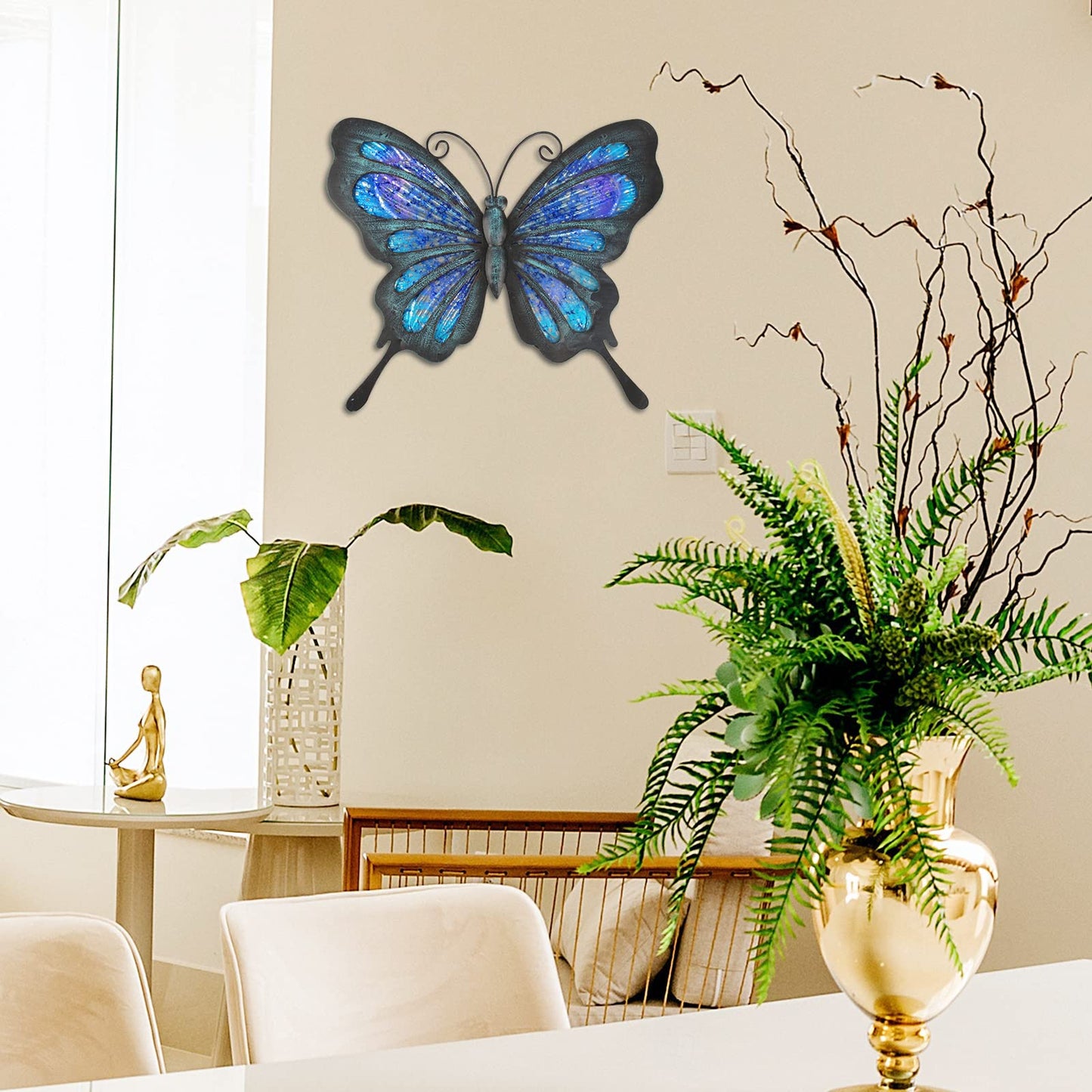 HONGLAND Metal Butterfly Wall Decor Outdoor Indoor Art Sculpture Hanging Glass Decorations Blue for Home Garden Bedroom (Blue)