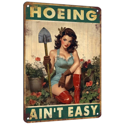 PEACHGARDEN Garden Signs Yard Art Hoeing Ain't Easy Funny Garden Aluminum Metal Sign for Outside Patio Backyard Greenhouse Decor, 8x12 Inch