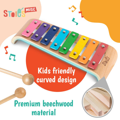 Stoie's Wooden Xylophone for Kids and Toddlers, Curved Design, 8 Notes of Rainbow Color, Tuned C-Key Xylophone with Mallets, Music Songbook, Kids Musical Instrument Educational Montessori Toys