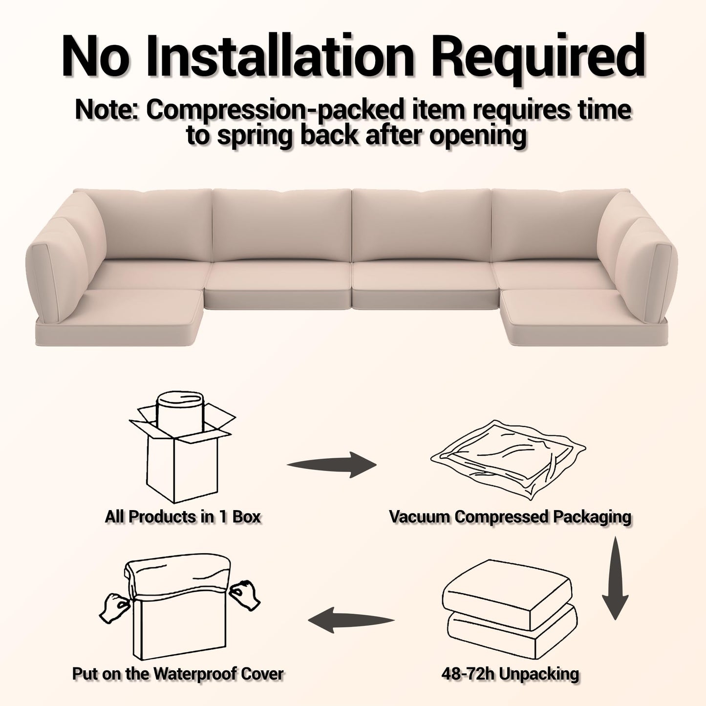 WiNVO 14-Piece Outdoor Replacement Cushions for Patio Furniture, Deep Seat Cushions for 6-Seat Sectional Rattan Sofa, Water-Resistant Couch Cushion Set with Non-Slip Backing, Cream White
