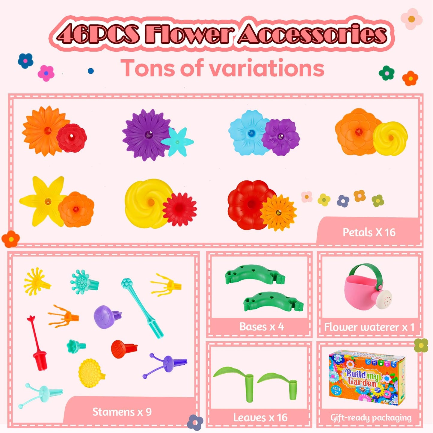 FUNZBO Girl Flower Garden Building Toys Set - Birthday Gifts for Age 2 3 4 5 6 Years Old Girls, STEM Montessori Educational Toy for Toddler Kids, Sorting & Stacking Spring Gardening Set