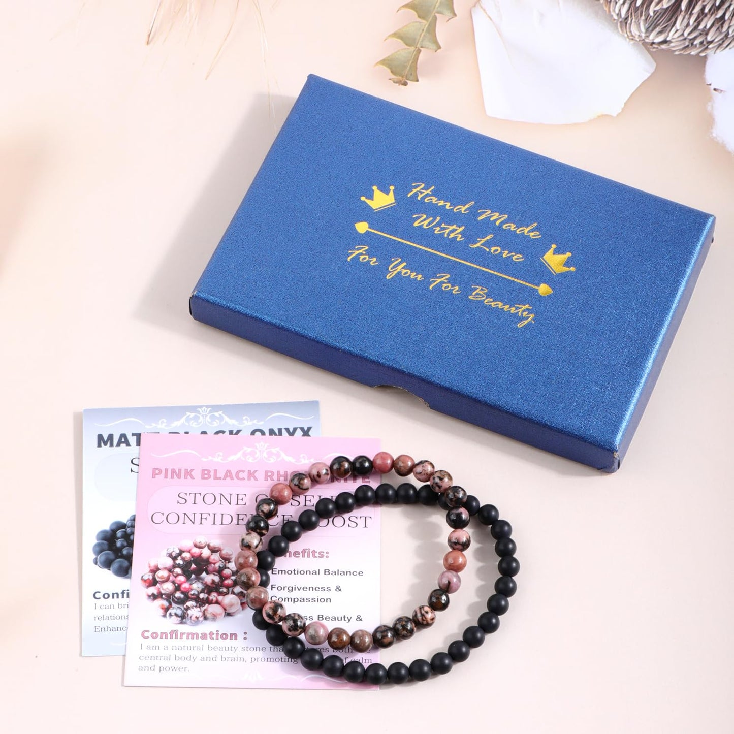 NCB 2-Piece 6mm Natural Crystal Gemstone Stretch Bracelets – ﻿Pink Black Rhodonite, Matte Black Agate Handmade Reiki Energy Healing Jewelry for Meditation,Yoga, Unisex