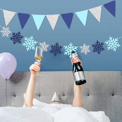 Vofrise 2Pack Blue and Silver Snowflake Banner Winter Wonderland Birthday Party Decorations Snow Themed Pennant Banner Flag Christmas Baby Shower Party Supplies