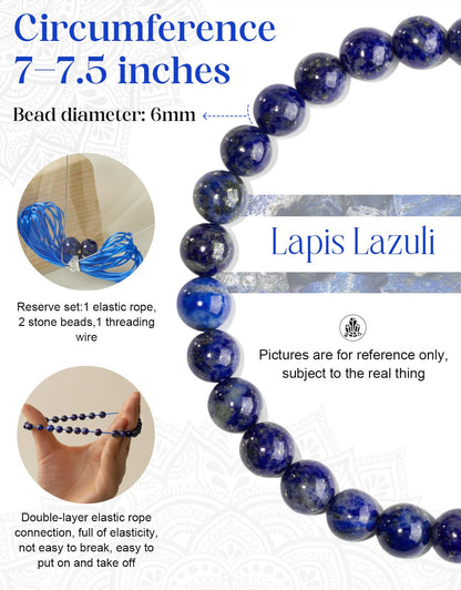 Landorilo Beaded Bracelet for Men Women, 6mm Natural Stone Lapis Lazuli Healing Crystal Stretch Bracelets, Ideal Christmas Birthday Jewelry Gifts with Energy Card，Replacement Beads Included