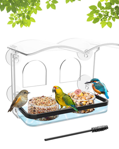COJOSQC Window Bird Feeder with Strong Suction Cups, Clear Acrylic Design for Close-Up Bird Watching, Durable, Weatherproof, Easy to Install, Large Seed Tray, Drain Holes to Keep Food Dry, For Outdoor