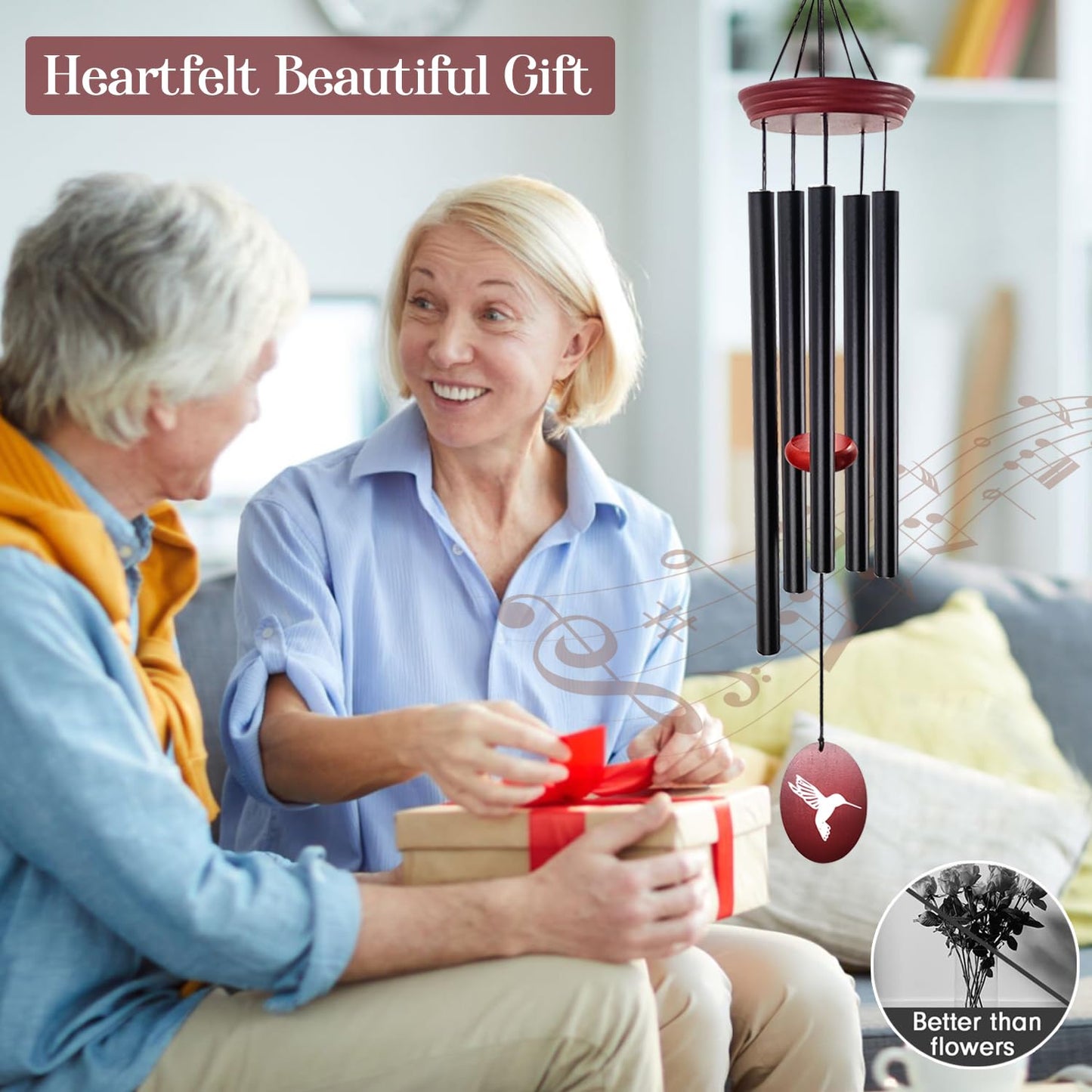 Howarmer Hummingbird Wind Chimes – 33" Outdoor Tuned Melody Wind Chime, Soothing Memorial Gift for Mom & Grandma, Weather-Resistant Metal Chimes for Garden, Patio, Yard & Home Décor
