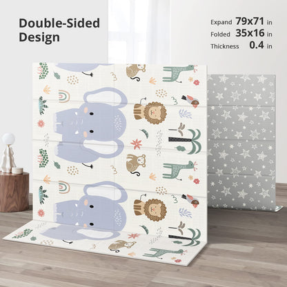 NOONKTY 79x71 Extra Large Baby Play Mat for Floor, Foldable Foam Playmat for Babies 0-12 Months & Kids, Non-Toxic Waterproof Baby Mat for Floor, Thick Playpen Mat for Tummy Time Crawling, Elephant+Mon