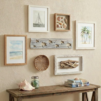 Driftwood Wall Art & DIY Key Holder – Handmade Coastal Home Decor – 17.5" Genuine Weathered Wood Plank with 5 Removable Hooks for Keys, Leashes, and Jewelry – Nautical Beach House Wall Hanging (Turtle March)