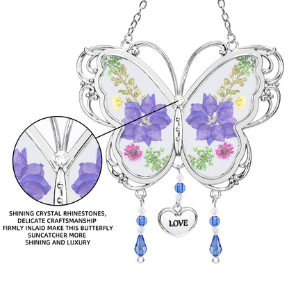 BOGDAN Crystal Butterfly Suncatcher with Pressed Flower Wings Mom Mother's Day Butterfly Glass Wind Chime Ornament Charm with Metal Heart Happy Birthday Gifts for Mom Grandma with Free Hook (Love)