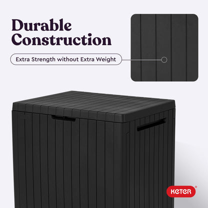 Keter City 30 Gallon Resin Outdoor Storage Box and Patio Furniture Side Table for Pool and Garden Accessories, Dark Grey