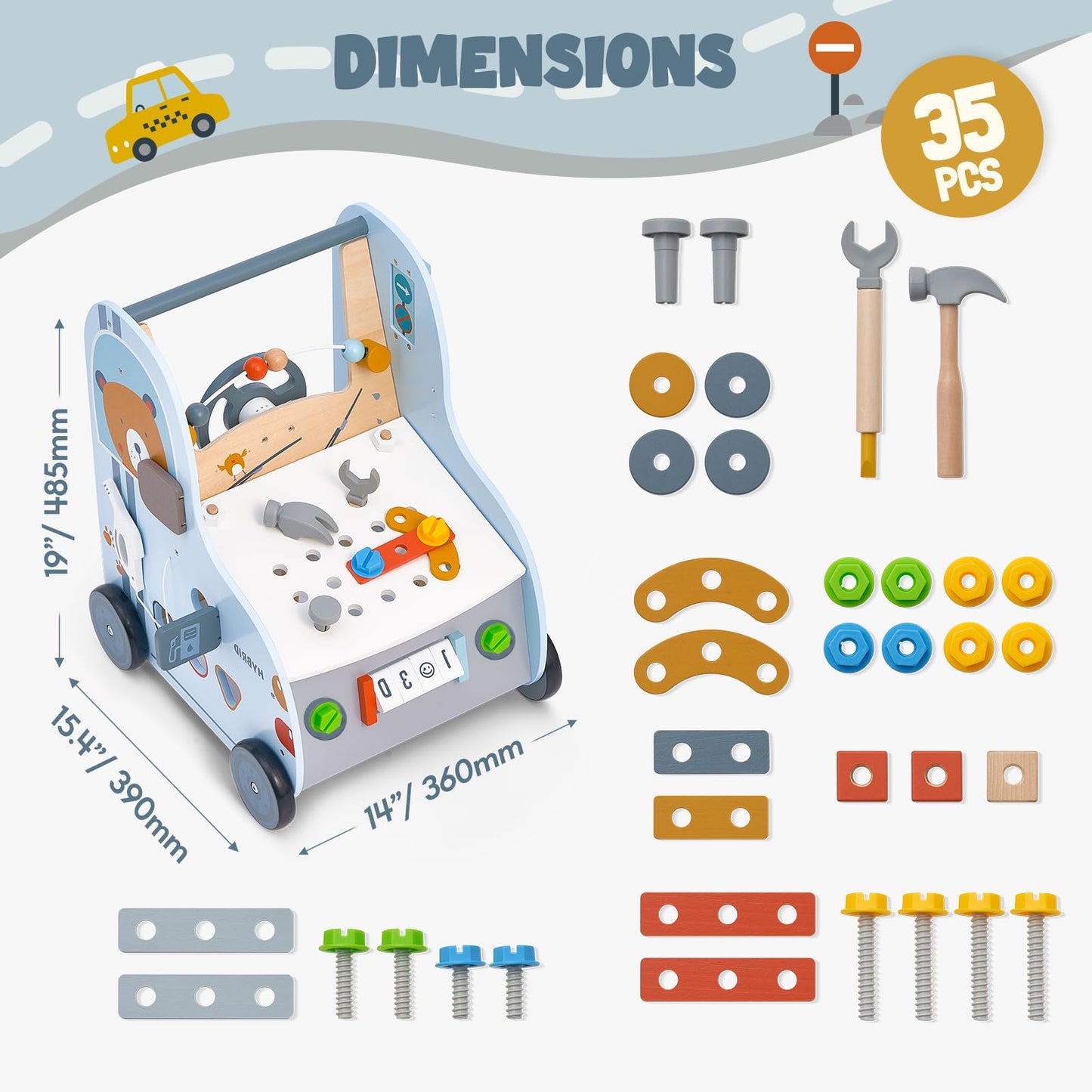 Giant bean 11-in-1 Wooden Baby Walker with Activity Center, Car Theme Montessori Walking Toy with Steering Wheel Tool Bench, Push Walker Speed Adjustable, Learning to Walk Gift for Toddler 1-6