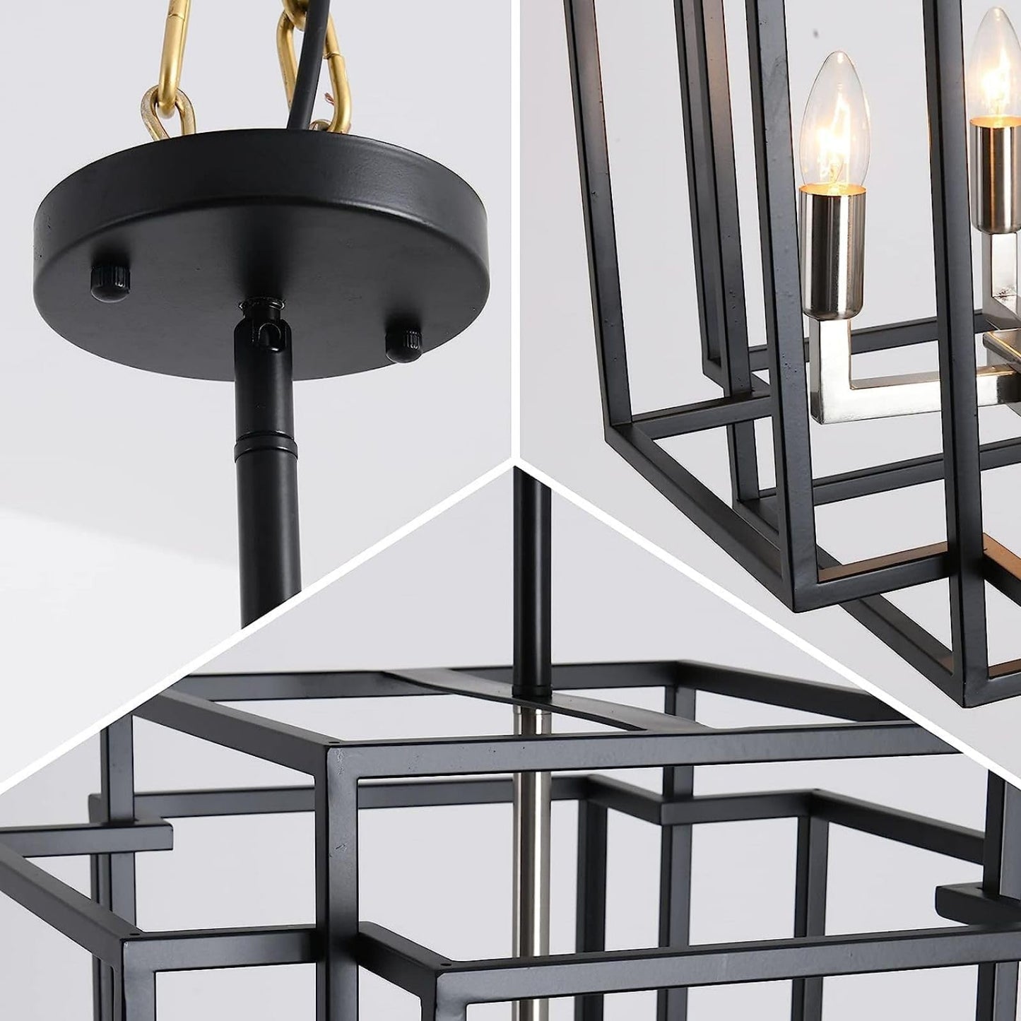 WJShome 4-Light Black and Gold Chandelier, Farmhouse Lantern Pendant Light, Industrial Ceiling Foyer Lighting Fixtures, Modern Chandeliers for Dining Room, for Kitchen Island Entryway Staircase