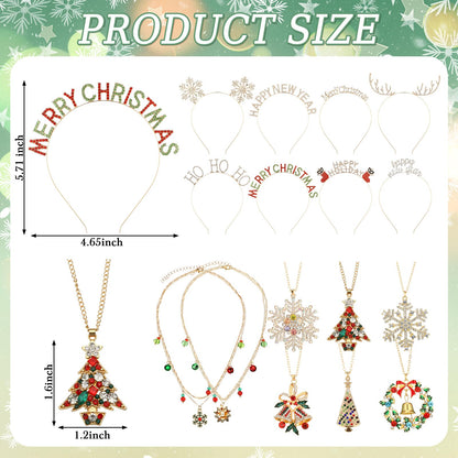 Quelay 16 Pcs Christmas Jewelry Set Include 8 Christmas Headbands 8 Pcs Xmas Necklaces Rhinestone Snowflake Deer Antlers Hairband Wreath Bell Necklace for Women New Year Party Favor Gift Accessory