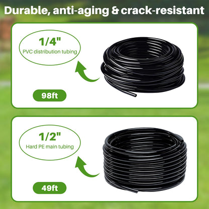 Drip Irrigation System, Automatic Garden Watering Kit, Quick-Connect Watering Misting Drip Irrigation System for Greenhouses,Yards,Lawns,Raised Beds,with 98ft 1/4''& 49ft 1/2" Tubing and Accessories