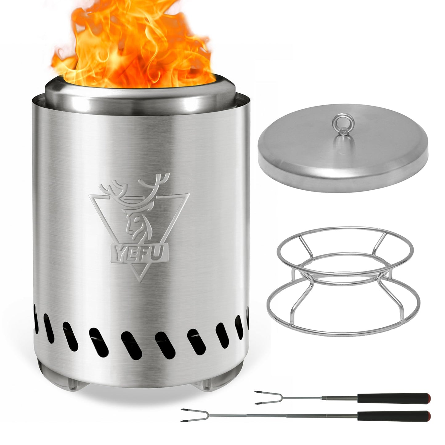 YEFU Tabletop Fire Pit 7.5 x 5.5 in, Low Smoke Camping Stove for Outdoor & Patio, Fueled by Pellets or Wood, Safe Burning Table Top Firepit, with Travel Bag & 2 Mini Sticks & Fireproof Mat, Silver