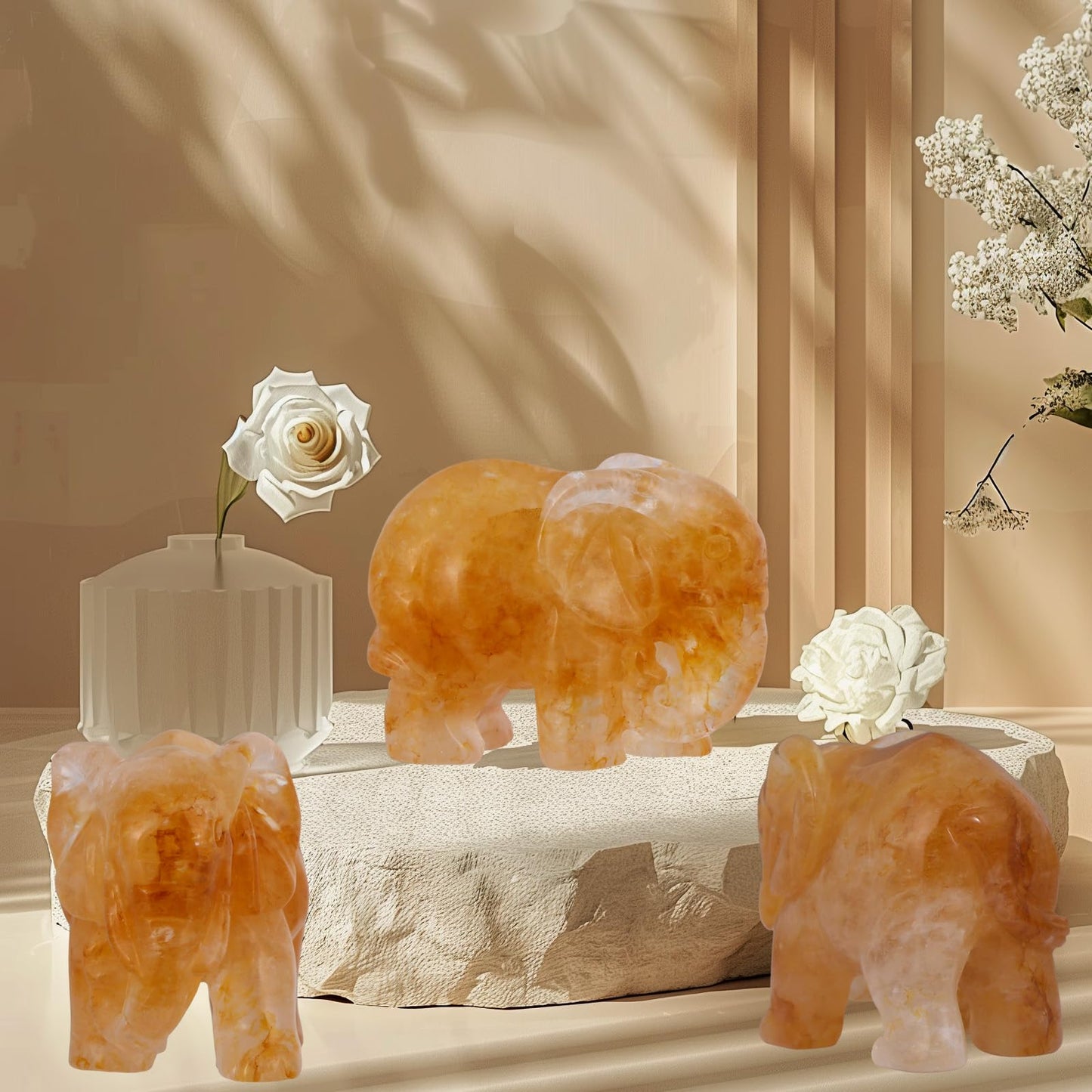 SMQ Citrine Crystal Elephant Figurine Gifts for Women,2'' Yellow Healing Stone Statue,Carved Lucky Animal Figurine for Desk Decor,Office Decor,Home Ornament