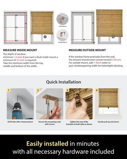 UNISHADES Cordless Bamboo Roman Shades for Windows, Blinds Size (26.5" W ×48" H) Colour (Highfield Teak)
