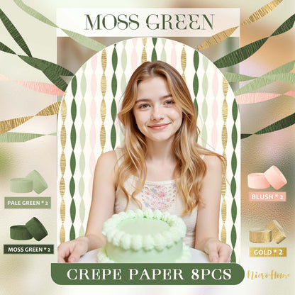 NICROHOME EUR Wedding Party Decorations, 8 Rolls Moss Sage Green Pink Crepe Paper Streamers for Boho Baby Shower, Wedding, Engagement Party, Spring Party, Birthday Party Supplies, 82 ft Long