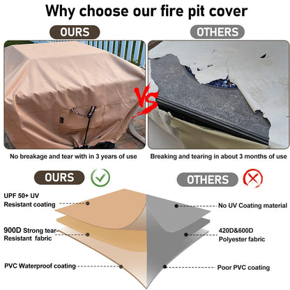 QH.HOME Fire Pit Cover Square-40-44 Inch Heavy Duty 900D Strong Tear-Resistant and UV Resistant and Waterproof and Fading Resistant Material Polyester Firepit Covers for Outdoor Fire Table-Wheat