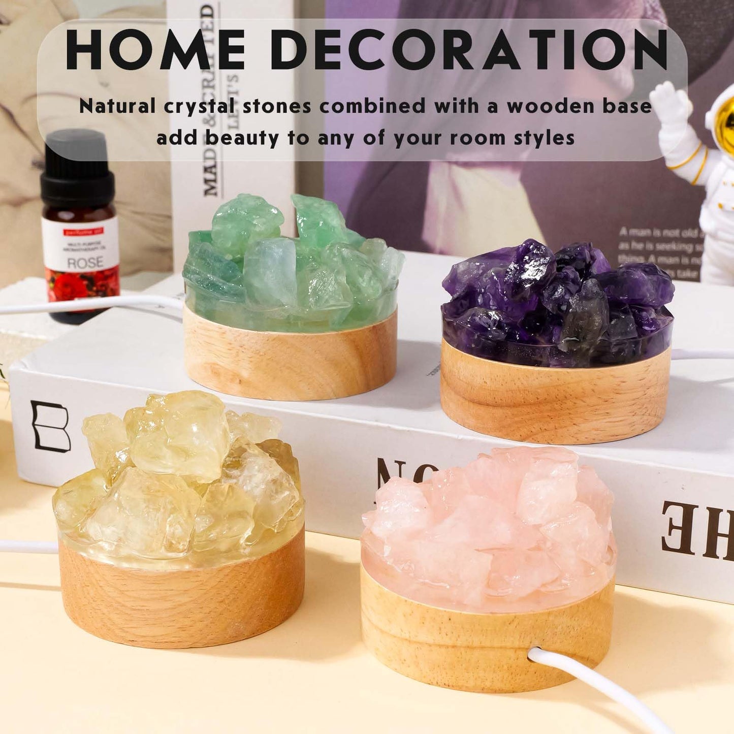 Runyangshi Amethyst Night Light with Natural Raw Crystal - USB Powered Mini Lamp for Bedroom, Desk, Meditation, Healing Crystal Decor with Wood Base, Gift Idea