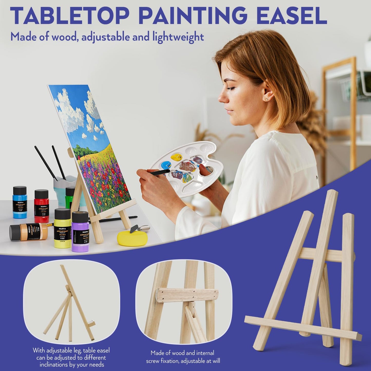 Nicpro Acrylic Paint Canvas Set for Adults, 80PCS Art Painting Supplies Kit with 36 Paints(36ML), Table Wood Easel,10 Canvas Panels,12 Paint Brushes,Paper Pad, Cup, Palette for Beginner Artist Adults