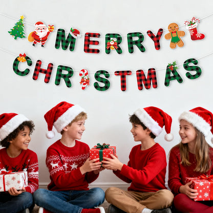 Merry Christmas Banner,Pre-Strung Red Green Buffalo Plaid Christmas Banner, Gingerbread Xmas Tree Garland Sign for Christmas Party Decorations,Indoor,Home, Office,Fireplace,Wall,Windows,Holiday Decor