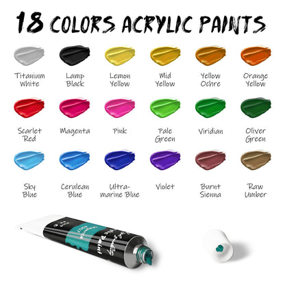 LEYEMO Acrylic Paint Set for Kids, Art Supplies Painting Kit with18 Acrylic Paints, 5 Canvas, 8 Paint Brushes, Easel, Palette ETE, Paint Set Gifts for Adults & Artist