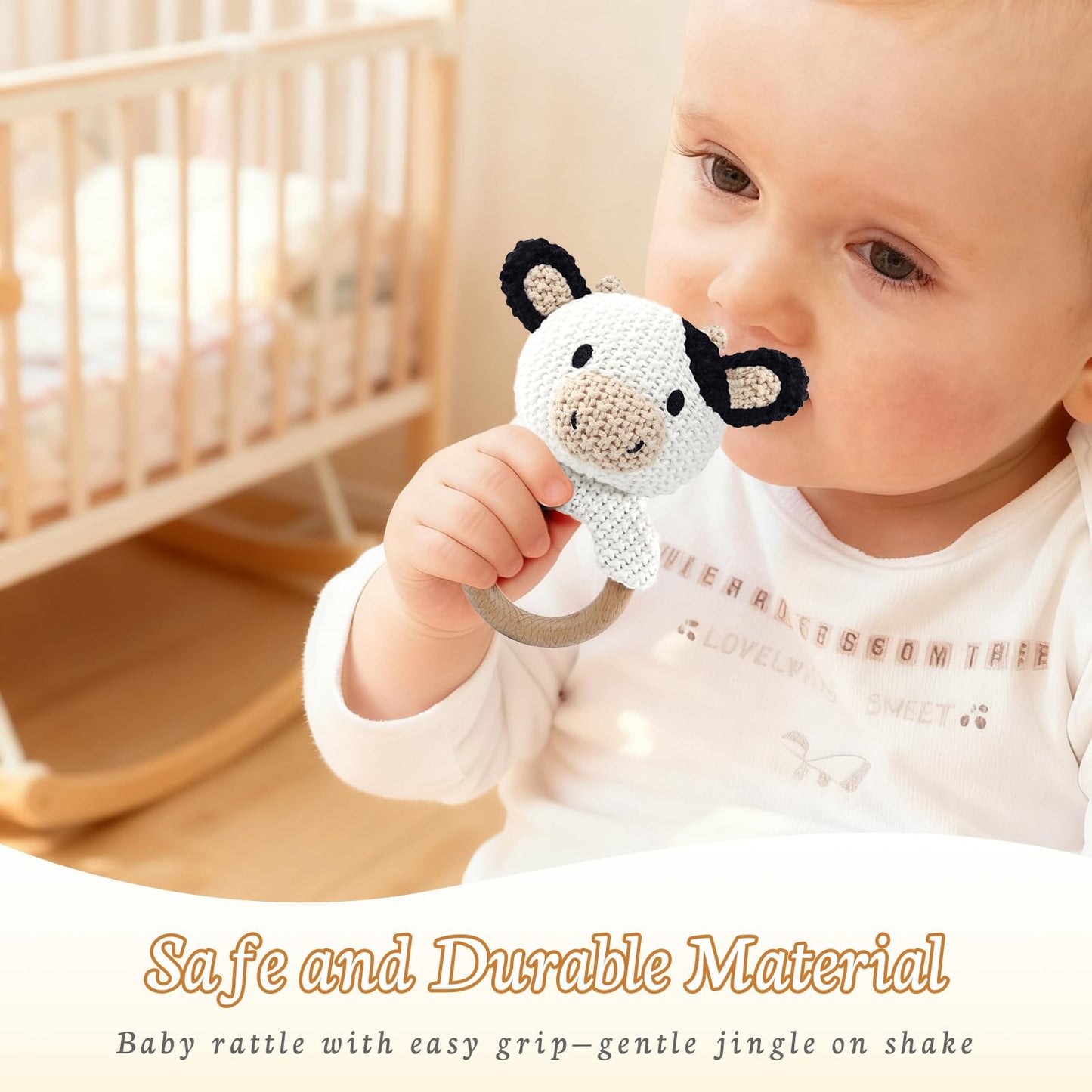 okegztoa 10" Handmade Crochet Cow Stuffed Animal, Baby-Safe Cotton Plush with Rattle, Hypoallergenic Toy for Newborns 0-12 Months, Ideal Baby Shower & 1st Birthday Gift
