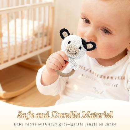 okegztoa 10" Handmade Crochet Cow Stuffed Animal, Baby-Safe Cotton Plush with Rattle, Hypoallergenic Toy for Newborns 0-12 Months, Ideal Baby Shower & 1st Birthday Gift