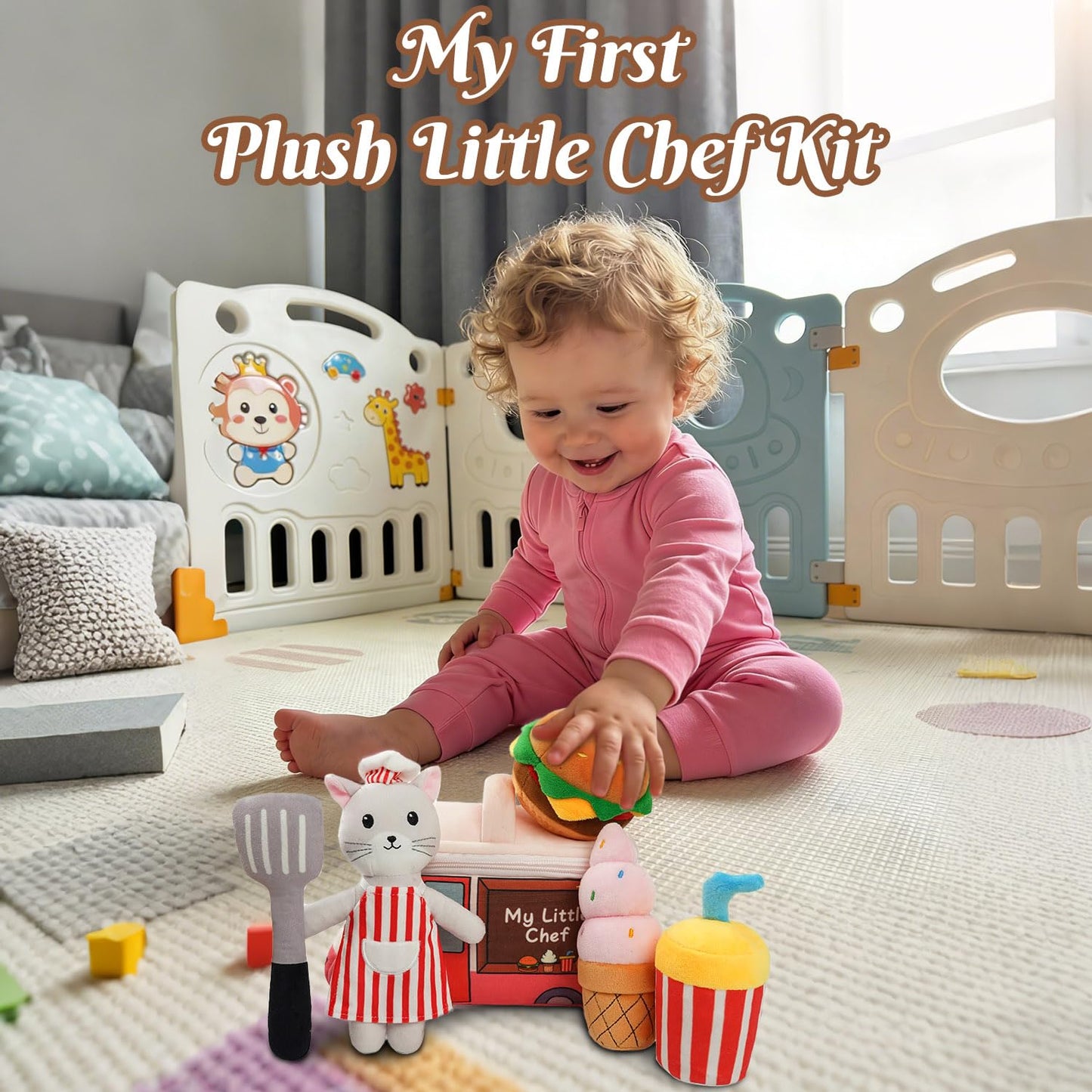 Cooking Play Set for Toddlers Cat Baby Toys 6-12 Months Interactive Stuffed Animal Plush Kitchen Pretend Toys for Girls Boys Gift Stuffed Teething Toy Infants Crinkle Sensory Toy Montessori(Kitten)