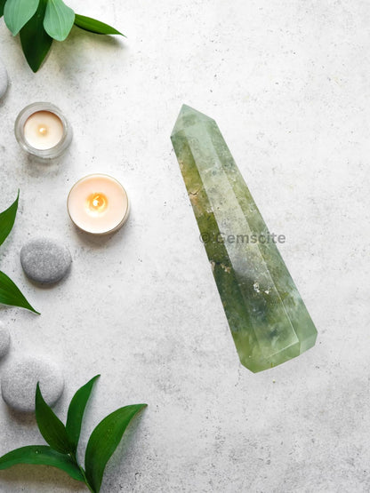 WholesaleGemShop 3 Inch Gemstones PREHNITE Obelisk Tower Jumbo Facet Aura Rock Crystal Natural Polished Earth Wand Spirit