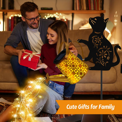 Solar Lights Outdoor, 2 Pack Black Cat Solar Watering Can Lights, Birthday Gifts for Women Mom Cat Lover Mother's Day Christmas, Waterproof Hanging Lantern Garden Decor Outside Patio Yard Pathway
