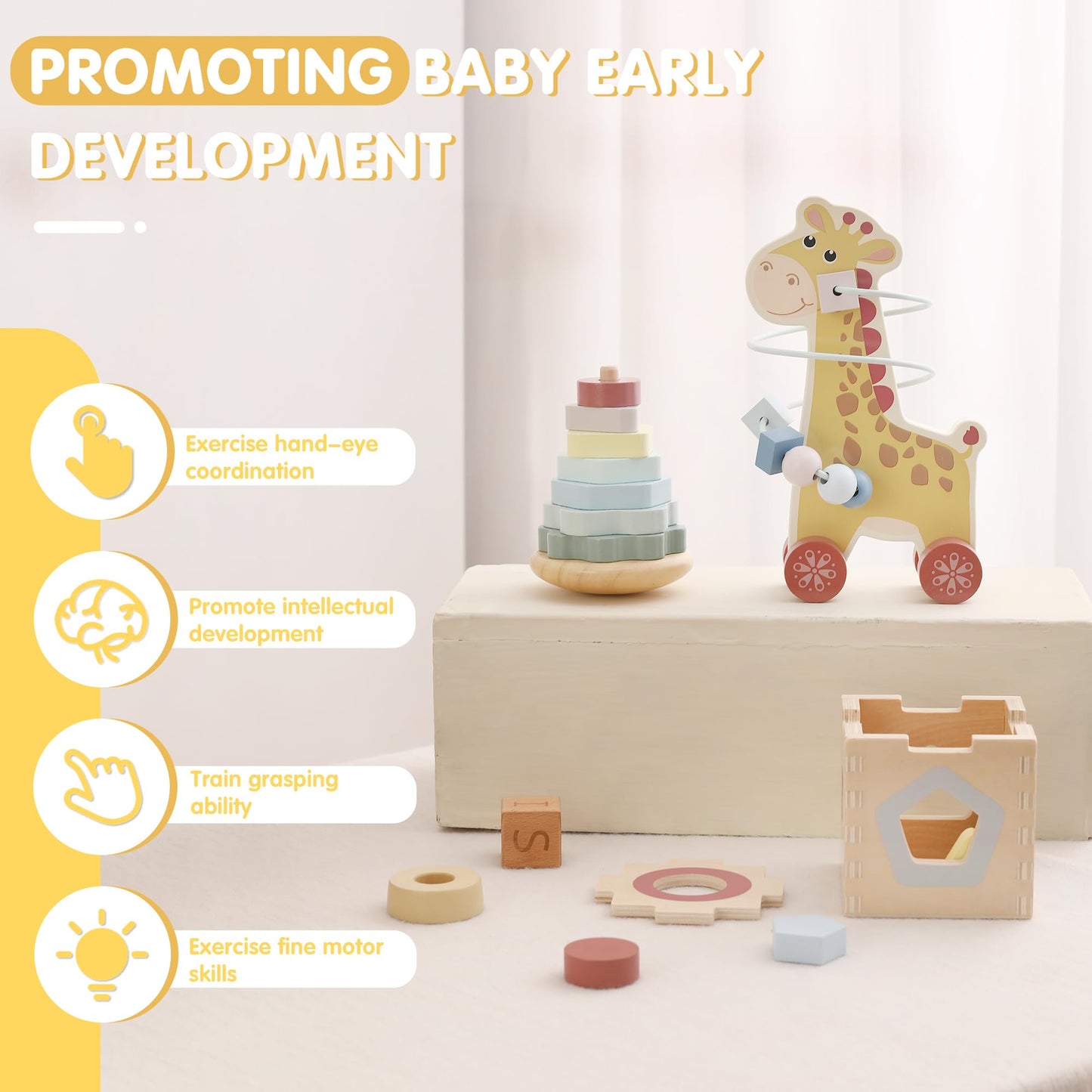 FReniland Montessori Toys for 1 Year Old，3-in-1 Wooden Baby Toys，Wooden Stacking Toy，Toddler Shape Sorting Cube, Giraffe Ring Toy,Newborn Baby Gift Sets for Boys and Girls