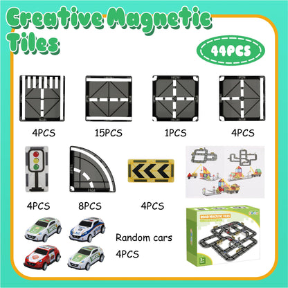 Magnetic Tiles Road Set with Pullback Car, Magnetic Blocks for Kids Ages 4-8, Magnet Tiles for Preschool STEM Building Toy, Autism Learning Sensory Montessori Toys Gift for Toddler Boys and Girls