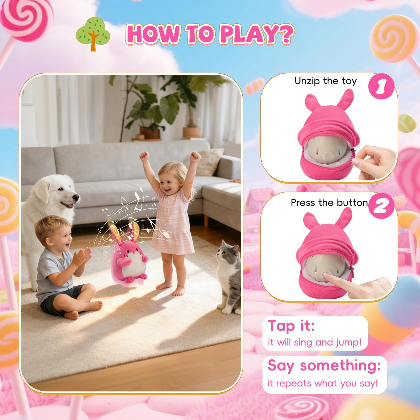 Crawling Pink Bunny Baby Toy with 48 Songs & Record, Interactive Musical Plush Toy for Babies 6-12 Months, Rechargeable Dancing Stuffed Animal, Sensory Toy for Toddlers 1-3, Cute Baby Gift for Girls