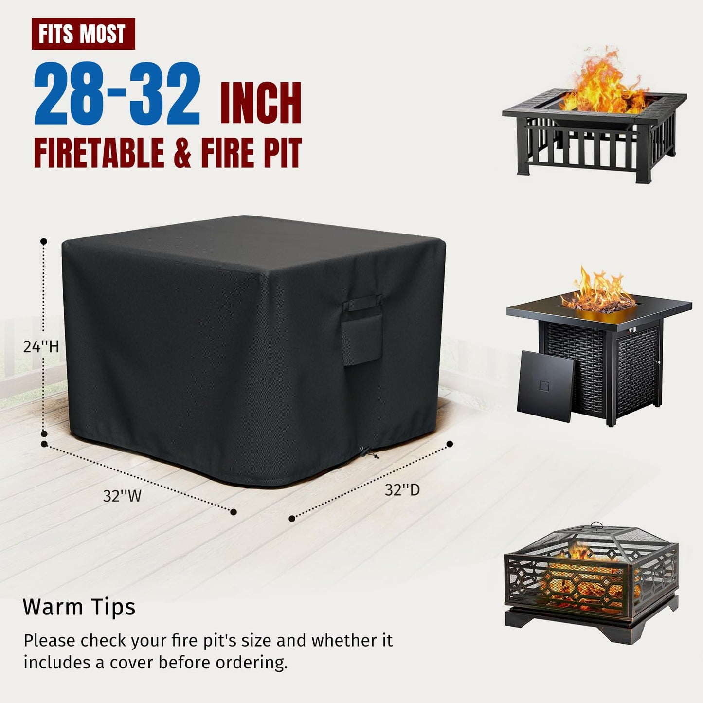 SHINESTAR Fire Pit Cover Square, Fits for 28-32 Inch Fire Pit Table, 600D Heavy Duty Fabric, Waterproof and Windproof, 32 x 32 x 24 Inches, Black