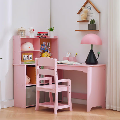 Garvee Kids Corner Desk, Desk and Chair Set for Children, L Shape Kids Study Table - Features Bulletin Board Open Shelves & Storage Cabinets and Cloth Drawers, Pink