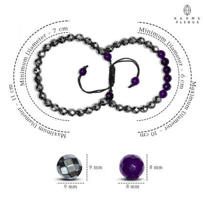 Crystal Bracelet, Hematite & Amethyst Chakra Healing Crystal Bracelets for Men & Women, Spiritual, Positive Energy & Balance, Handmade 8mm Crystal Beads Adjustable Bracelets by Karma Pledge