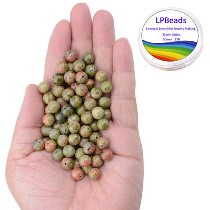 LPBeads 100PCS 8mm Natural Unakite Beads Gemstone Round Loose Beads for Jewelry Making with Crystal Stretch Cord