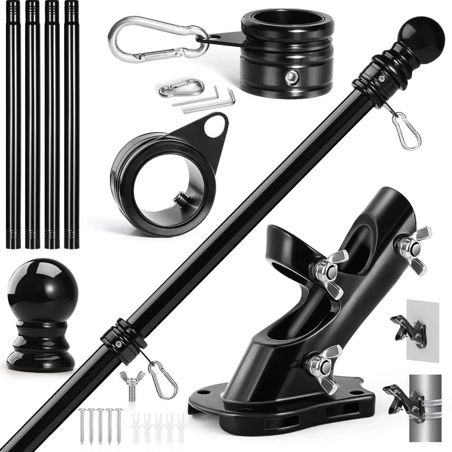 Anovo Flag Pole Kit- Upgraded Holder, Stainless Steel 5 FT Flag Poles with1 Inch Metal 360° Rotating Flag Pole Rings Two-Position Flag Pole Bracket Mounting for Outside House Porch (5 FT-Black)