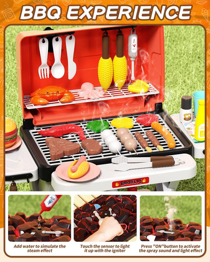 STACTCUTE Kids BBQ Grill Playset with Realistic Steam, Sound & Lights - 60Pcs Pretend Play Kitchen Food Toy for Toddlers Boys Girls for 3-5+ - Sturdy Double-Layer Outdoor Backyard Cooking Set Gift