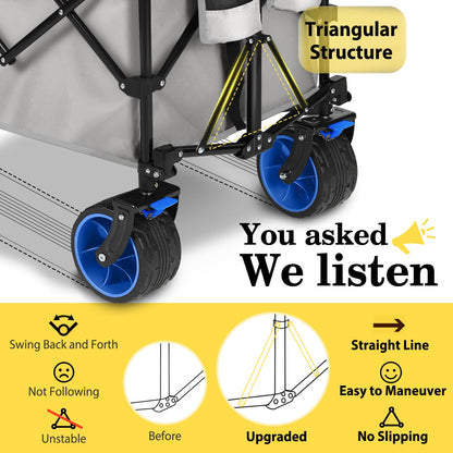 Sekey Extended Collapsible Foldable Wagon with 660lbs Weight Capacity, Heavy Duty Folding Utility Garden Cart with Big All-Terrain Beach Wheels & Drink Holders. Light Gray