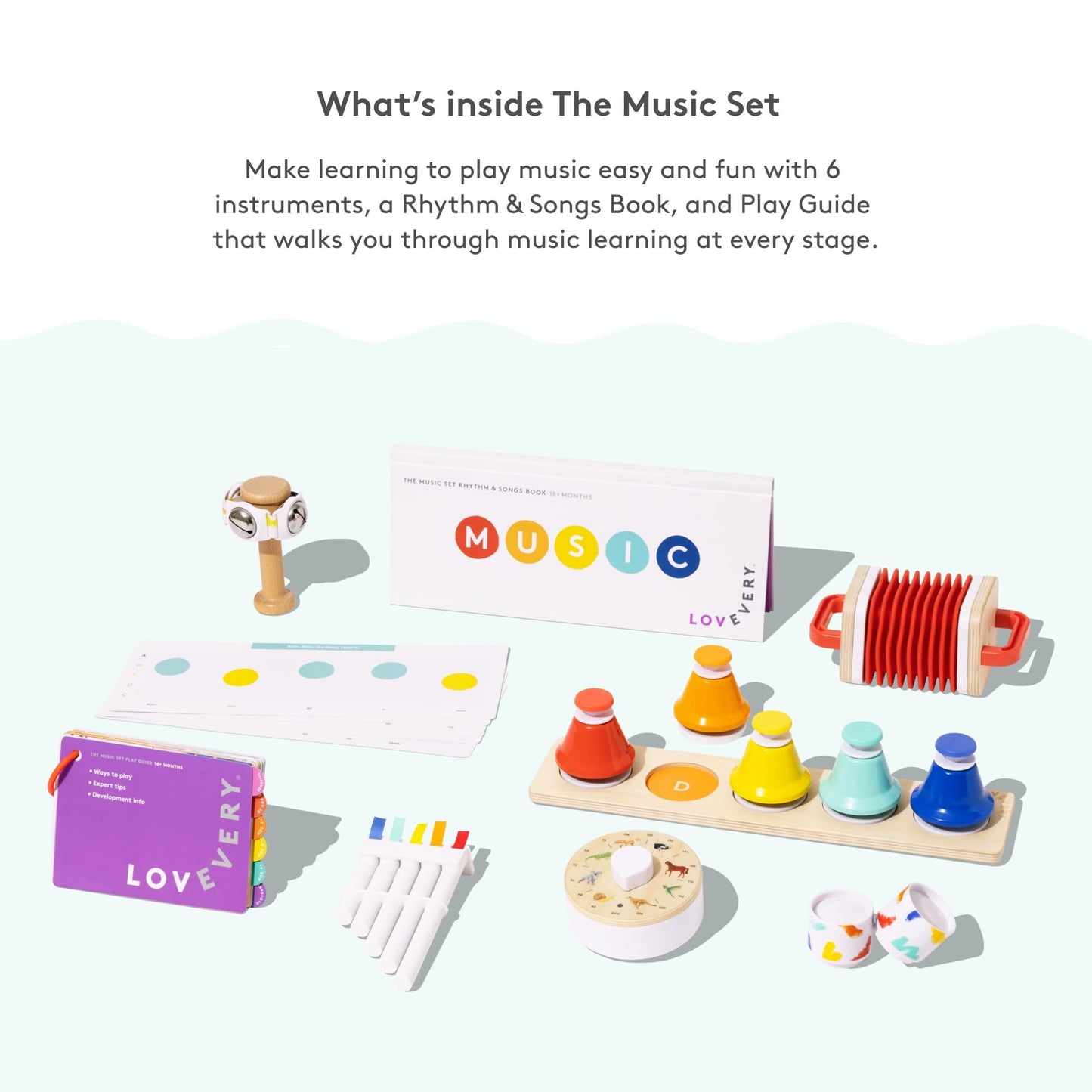 LOVEVERY | The Music Set | 6 Montessori Musical Instruments & Rhythm Book | Educational Toys for Toddlers & Preschoolers | Simple Songs and Play Guide | Ages 18 Months to 4+ Years