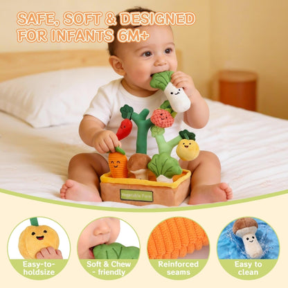 Baby Sensory Toys Plush Fruits and Vegetables, Plush Farm Developmental Toys 6-12 Months for Toddlers with Crinkle Rattle Squeaker Textures, 9 PCS Pull Out Fine Motor Skill Toddler Learning Toys