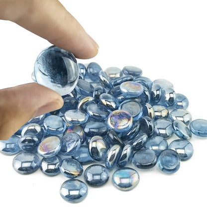 HappyFiller Flat Glass Marbles Grey Blue Gems 1 LB Approx 100 PC Fill 0.3 L Vol.Aquarium Pebbles,Fire Drop Beads,Vase Filler,Art Crafts,Candle Holder Decor Stone