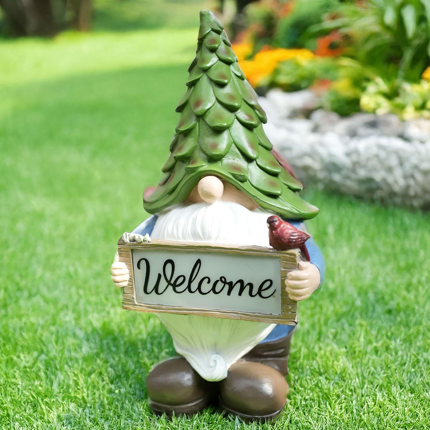 hvfun Large Garden Gnome Statue with Solar Lights, 13.5” Welcome Sign Gnome Outdoor Decor for Yard Lawn Patio, Funny Resin Gnome Sculptures, Gifts for Women Mom Grandma,Garden Decor Ornament