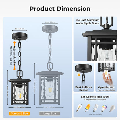 OPAXIS Dusk to Dawn Outdoor Pendant Light Fixtures, Modern Black Outdoor Hanging Lights with Photocell Sensor, Waterproof Exterior Chandelier for Porch, Outside Pendant Lantern with Adjustable Chain