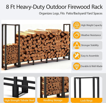 Shomextol 8ft Large Firewood Rack Outdoor, Heavy Duty Metal Wood Rack with Kindling Storage - For Indoor & Outdoor Fireplace, Wood Pile Organizer,Black