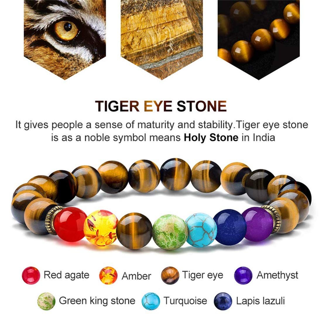 GelConnie Chakra Bracelet 8mm Natural Stone 7 Chakra Tiger Eye Elastic Bead Bracelet Reiki Healing Energy Stretch Bracelet Anti Anxiety Relax Bangle Meditation Balance Yoga Bracelet for Women Men